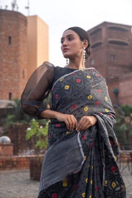 Black Color Linen Cotton Slab Weaving Banarasi Silk Saree